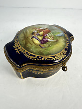 Antique Chateau de Longpre France Jewelry Box with Kids Fishing Design Blue Gold picture