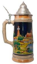 VINTAGE Ceramic Original Gerzit German Beer Stein Mug Lidded Windmill Lighthouse picture
