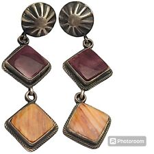 Old Large NATIVE AMERICAN NAVAJO PURPLE SPINY OYSTER STERLING SILVER EARRINGS  picture