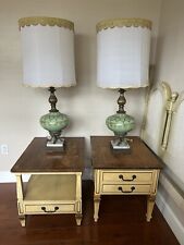 Pair Vintage Mid Century Glass Green & Gold Lamps with Shades. picture