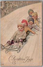 Christmas Joys Cute Children Sledding 1916 Buffalo NY Cancel Postcard W79 picture