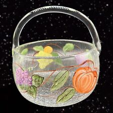 FIFTH AVENUE CRYSTAL Hand Painted Floral Crackle Glass Basket with Handle 8”T picture