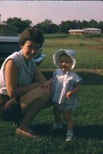 1961 Woman Mom Smiling Kneeling with Toddler Outside Vintage 35mm Slide picture