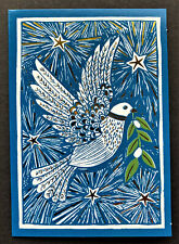 SET OF 4 SMALL Dove Christmas Holiday Cards Foil Note Card Blue Woodcut Peace picture
