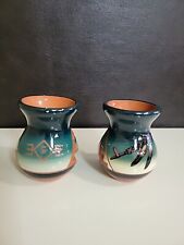 High Elk,R.Underbaggage Sioux,2 Vase Pottery Redware Clay Signed  Painted. picture