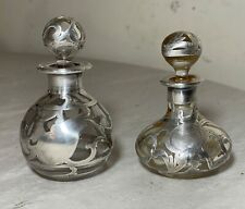 Pair of antique fine sterling silver overlay perfume scent cologne bottle jar picture