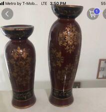 Vintage Porcelain Red Black And Gold Candleholders Two Medium And Large Imported picture