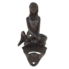 Mermaid Beer Soda Bottle Opener Cast Iron Nautical Wall Mounted Rustic Brown picture