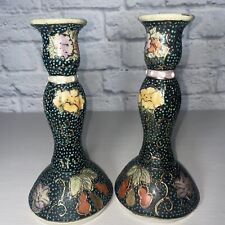 2 Vintage Hand Painted Ceramic Candlestick Set Polka Dot Asian Floral Multicolor picture
