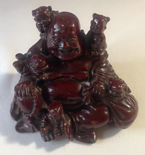 Vintage Carved Dark Red Resin BUDDHA With Babies Figurine - 4” Tall picture