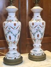 Pair Czech Bohemian Lamps White Cut To Honey Amber Floral Gold Trim 33