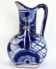 Talavera Blue & White Pitcher Mexican Pottery Folk Art Hand Painted 6” Signed picture