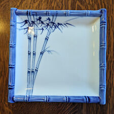 Vintage Square Sushi Plate Japanese Bamboo Blue White 9 1/4