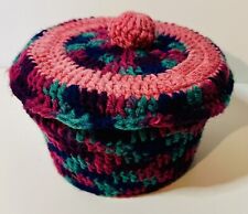 Vintage Trinket Box Handmade Crocheted With Lid Stash Basket MCM Bohemian picture