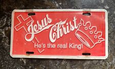 Vintage 1970s Jesus Christ Is King Booster Metal Christian License Plate NICE picture