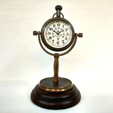 Antique Brown Finish Brass Made Desk Clock Wood Base Table Decorative picture