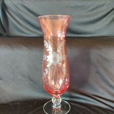 VINTAGE Cranberry Pink Etched Floral Footed Hurricane Vase - 10