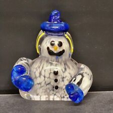 Murano Frosty Type Glass Snowman Bust Paperweight with Arms Blue Hat Mittens 4