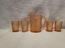 Vintage Mini Pink Glass Pitcher & Glasses Tumblers Set Embossed Birds Peacocks picture