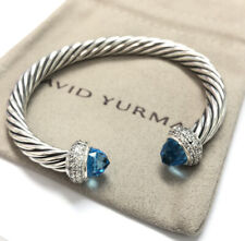 David Yurman 7mm Cable Candy Cuff Bracelet 925 Silver Blue Topaz & Diamond Sz M picture