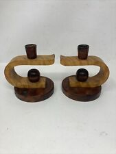 2- Wood Candle Sticks Two-Toned MCM Made In Sweden picture