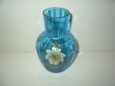 Vintage Fenton Style Blue Art Glass Handpainted Flower Vase picture
