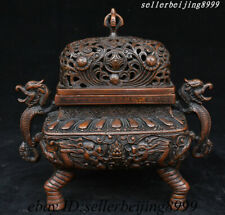 Old China Dynasty Bronze Dragon Beast Fengshui Incense Burner Censer Box Statue picture