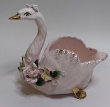 Vintage Light Pink Ceramic Swan  Flowers Gold Accents Trinket Dish Planter Vase picture