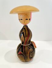 JAPANESE WOOD KOKESHI DOLL w/ LUCKY GOURD BODY & LOVELY SWIRLED PAINT DESIGN  picture
