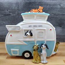 Pet Treats Cookie Canister Ceramic Jar Retro Happy Camper RV Dogs Cats Blue Sky picture