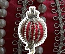 Vintage Push Pin Beaded Christmas Ornament Handmade Red White Silver 1970 picture