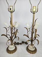 Vintage Italian Tole Tulip Lamps Pair White Alabaster Gold Leaves 20