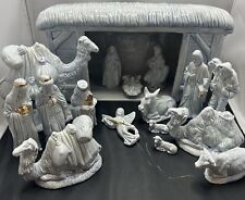 Vtg 1979 Doc Holliday Molds Nativity Scene Set 17pc Blue & Gold Ceramic Stable picture