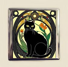 Art Nouveau Black Cat Cigarette Case Business Card ID Holder Wallet Deco Cats picture