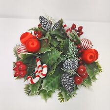 Vintage Christmas Candle Wreath Plastic Satin Balls Candy Canes Pine Cones picture