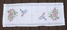 Vintage White Rectangle Embroidered Blue Jay Floral Table Linen Cloth picture