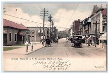 c1905 Main Street & R.R. Station Trolley Marlboro MA, Rotograph Antique Postcard picture