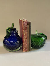 Vintage Pair of Murano Bubble Glass Fruit Bookends Blue Pear and Green Apple  picture