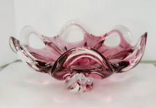 Vtg Czech Art Glass By Chribska Pedestal Bowl-Open Ruffle Edge.Cranberry picture