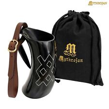 Viking Beer Mug Drinking Horn with Leather Strap Medieval Cup for Wine Ale 600ML picture