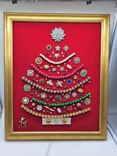 Vintage Costume Jewelry Framed Christmas Tree Wall Art Lights Up Handmade OOAK  picture