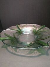Large Glass Decorative Green Palm Leaves Bowl 14 1/2