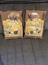 2 Precious Moments style sunflower dog Wood Art Vtg Wall Hanging 3 dimensional picture