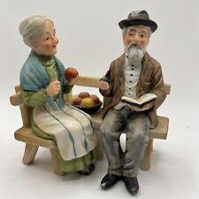 Lefton Porcelain Figurine of Old Elderly Couple Sit on Bench Apple Man Woman VTG picture