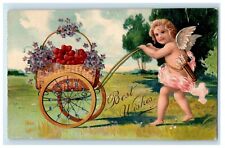 1908 Best Wishes Angel Cupid Arrow Pushing Cart Hearts Flowers Embossed Postcard picture