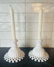 Pair Vintage Westmoreland Doric Milk Glass Open Lace Edge Candle Holders picture