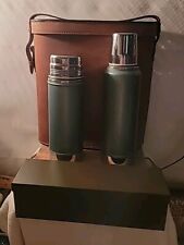 VINTAGE ALADDIN STANLEY STEEL DOUBLE THERMOS LUNCH BOX PICNIC SET W/LEATHER CASE picture