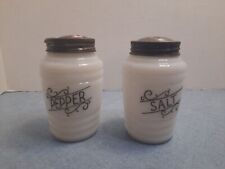 2-Vtg Hazel Atlas Large Ribbed Milk Glass Shakers w/Black Scroll Salt & Pepper picture