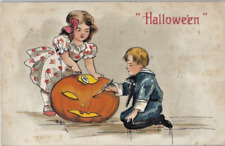 Vintage 1909 HALLOWEEN Postcard CHILDREN CARVE JACK 'O-LANTERN A/S HBG picture