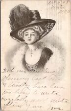 Vintage 1908 PRETTY LADY Postcard Fashion / Very Large Hat *Writing on Front picture